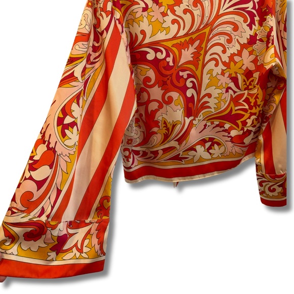 ZARA 70’s Retro Vibrant Crop Blouse Bell Sleeve Collared Button Down Tie Front - Picture 10 of 13